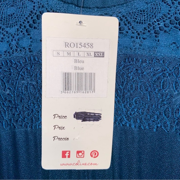 Coline Dress Womens XXL 2X Layered Lace Long Sleeve Boho Lagenlook Teal Blue New - Picture 9 of 10